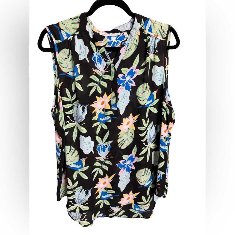 Violet & Claire Black Floral Sleeveless Blouse with Blue, Pink & Green Size XL